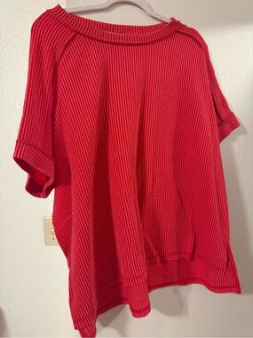 Red Ribbed Short-Sleeve Zenana Top